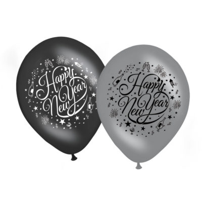 Ballons Happy New Year Noir-Argent 30 cm - 8 pièces