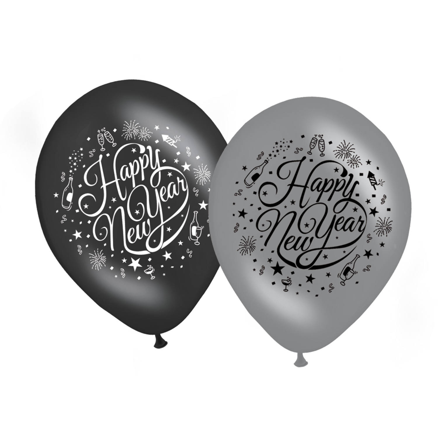 Ballons Happy New Year Noir-Argent 30 cm - 8 pièces